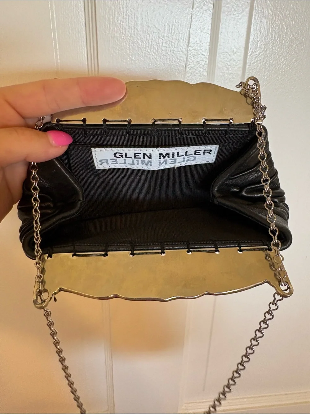 Glen Miller 90’s Leather and Metal Evening Clutch with Ornate Silver Frame
